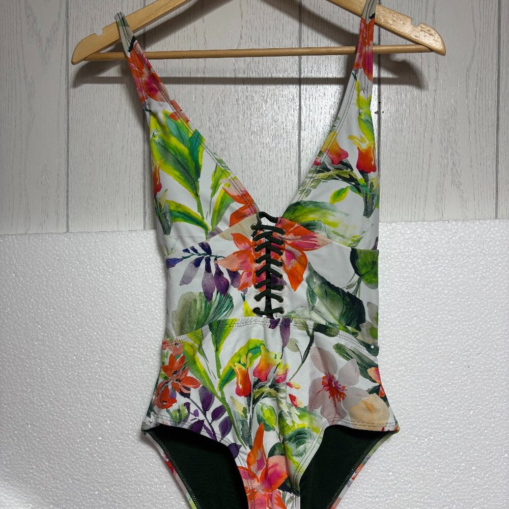 TINIBIKINI Watercolour Tropical Print & Sage Green REVERSIBLE One Piece Swimsuit - Picture 3 of 8
